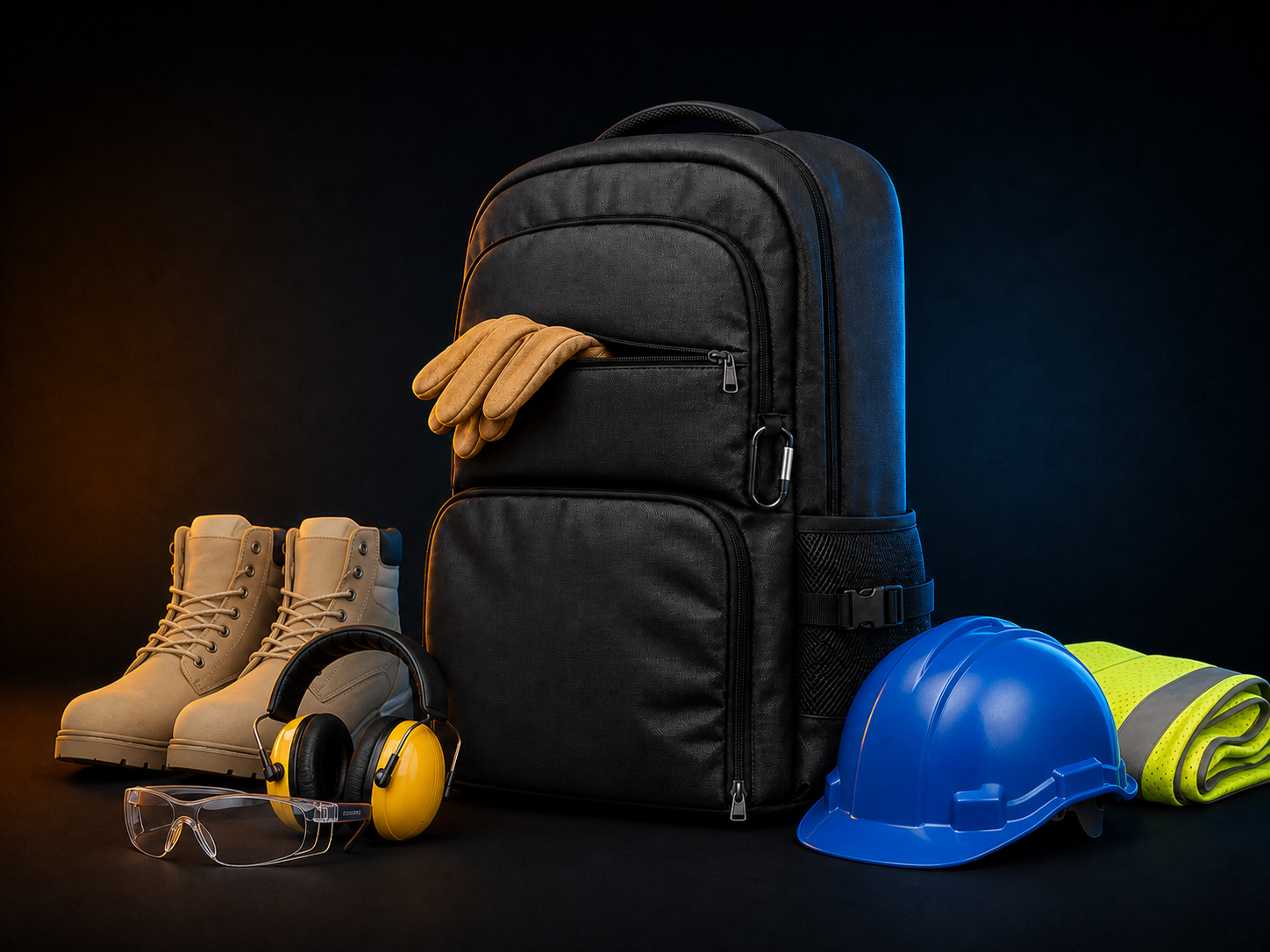 Werkgeverstas met helm, werkhandschoenen, veiligheidsvest, veiligheidsbril, gehoorbescherming en veiligheidsschoenen