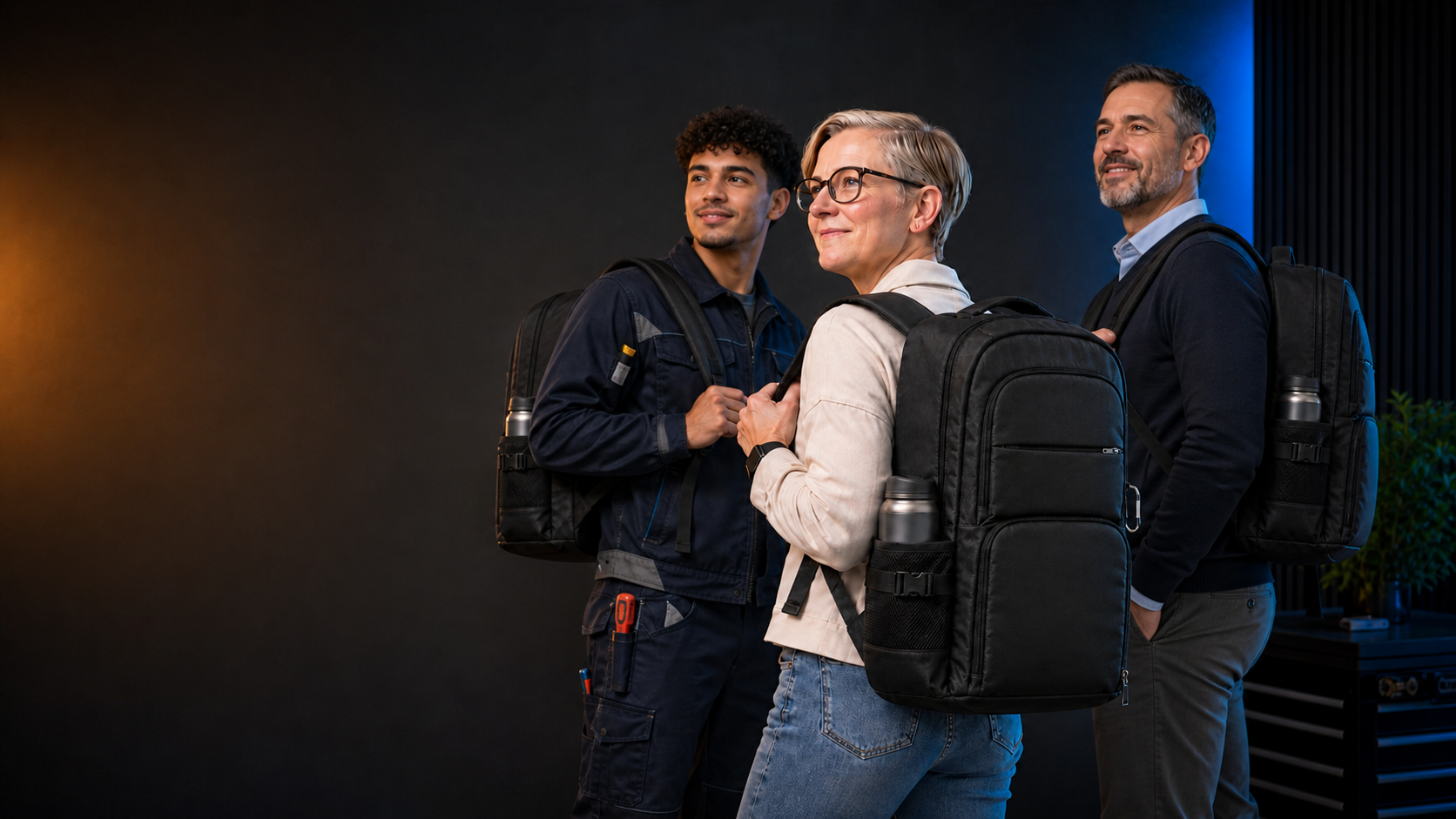 Drie medewerkers van verschillende leeftijden en beroepsgroepen met de Werkgeverstas