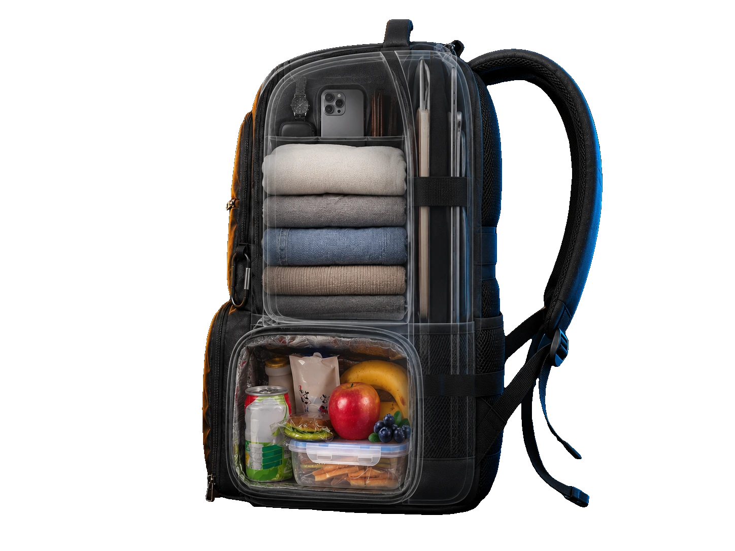 Vrijgelegde doorsnede van de Werkgeverstas zonder zichtbare gesp, met kleding, apparaten, fruit en lunchinhoud