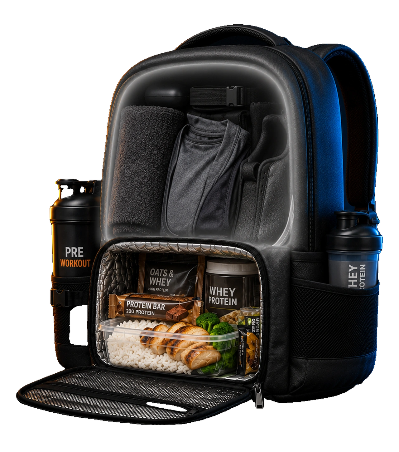 Vrijgelegde Werkgeverstas met sportspullen, meal prep en twee shakers